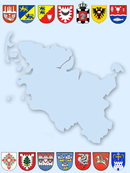 Startbild mit Wappen und stilisierte Karte von Schleswig Holstein